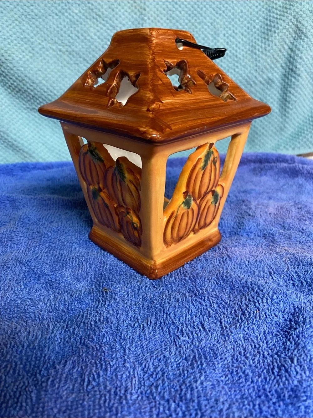 Source Unknown Orange Pumpkin Ceramic Lantern with Brown Roof